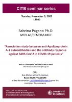 CITB Seminar Series: S. Pagano: “Association study between anti-Apolipoprotein A-1 autoantibodies and the antibody response against SARS-CoV-2 in COVID-19 patients”